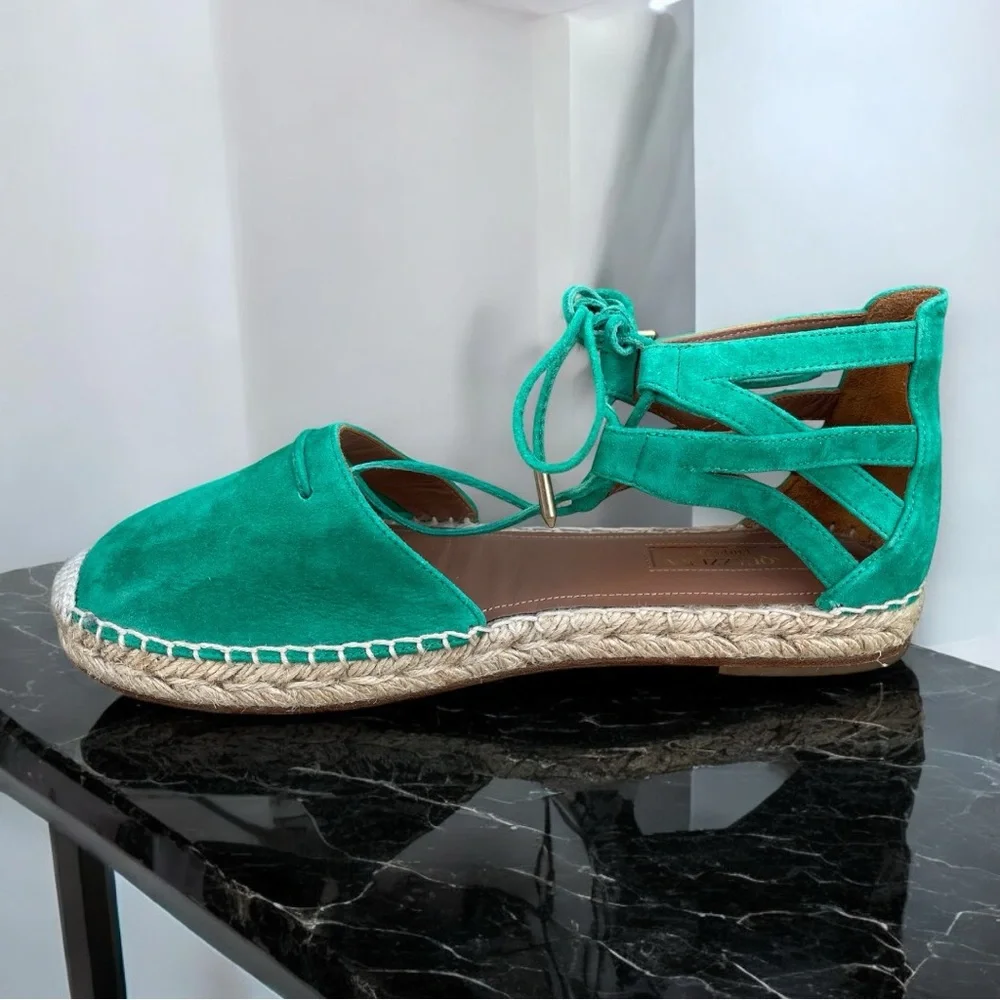 Aquazzura Firenze Green Suede Leather Belgravia Espadrilles Flats Sandals